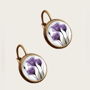 Purple Floral Bronze Hoop Earrings